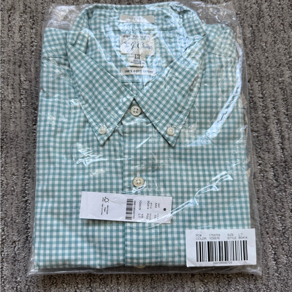 NWT J. Crew Organic Cotton Secret Wash Green Checkerd Classic LT
